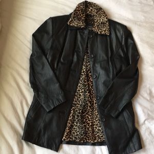 Black leather jacket with leopard print